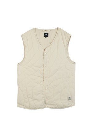 Quilted vest in beige, featuring a V-neck, button closure, and a logo patch on the hem. Smooth fabric with subtle swirling stitch pattern.