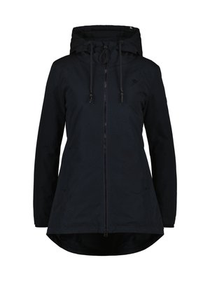 Veste imperméable marine avec capuche, fermeture éclair à l'avant et cordons ajustables ; présente un motif à pois subtil et deux poches latérales.