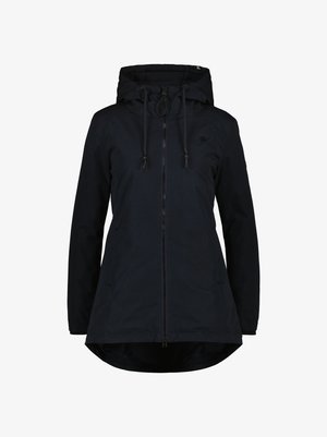 Veste imperméable marine avec capuche, fermeture éclair à l'avant et cordons ajustables ; présente un motif à pois subtil et deux poches latérales.