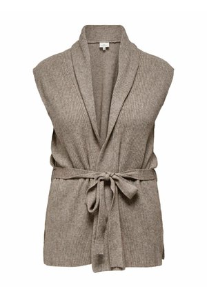 Cardigan en tricot taupe sans manches avec col châle et ceinture nouée à la taille, fabriqué en tissu à côtes texturé.