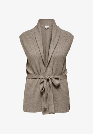 Sømløs taupe strikket cardigan med sjal-krave og bælte knyttet i taljen, lavet af tekstureret ribbet stof.