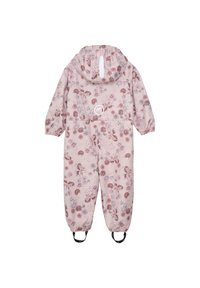 Rosa-mönstrad snoverall i rosa med huva, elastiska ärmslut och stövelremmar. Tillverkad av vattenavvisande material, med en logodetalj på framsidan.