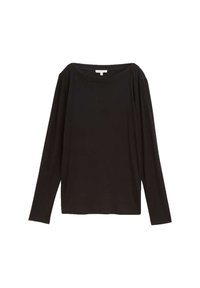 Zwarte langemouwen shirt van zachte stof, met een brede halslijn, een relaxte pasvorm en minimale naden voor een nette uitstraling.