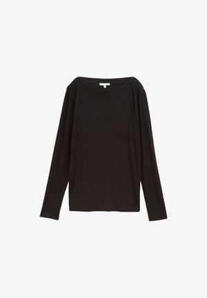 Black long-sleeve shirt made of soft fabric, featuring a wide neckline, relaxed fit, and minimal seams for a clean aesthetic.