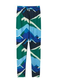 Legginsy z wzorem gór w kolorach zielonym, niebieskim i białym; elastyczna talia; miękki materiał o gładkiej fakturze.