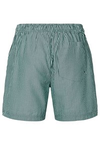 Zelene i bijele kratke hlače s prugama, s elastičnim pojasom, jednom stražnjom džepom i laganim materijalom. Redovit kroj i duljine do koljena.