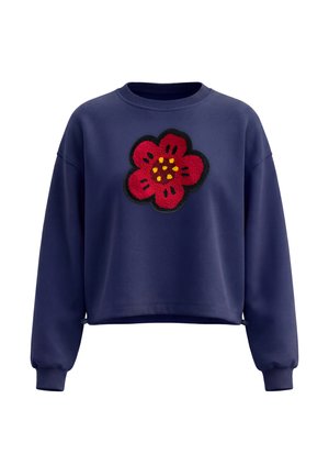 Marineblå langærmet sweatshirt med et stort rødt blomsterpatch med gule prikker i midten på forsiden.