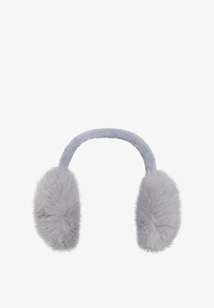 Grå öronvärmare i fuskpäls med mjuk, plyschliknande textur och flexibelt pannband, med rundade öronskydd för värme och komfort.