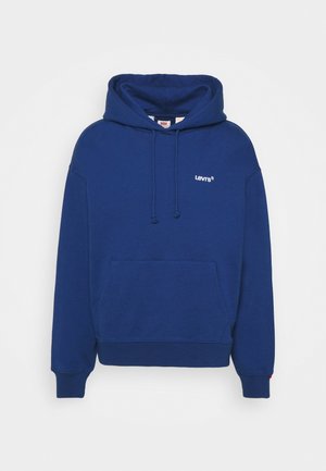 Sweat à capuche Levi's bleu avec cordons, poche kangourou et petit logo blanc Levi's sur la poitrine gauche.