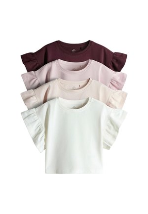 Patru bluze cu mâneci scurte și volane în alb, bej, roz deschis și vișiniu închis, aranjate suprapuse în formă de stivă.