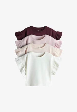 Quattro top a maniche corte con volant in bianco, beige, rosa chiaro e bordeaux scuro, disposti in uno schema sovrapposto e impilato.