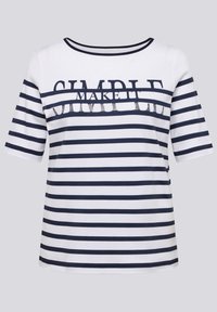 White and navy striped t-shirt with a scoop neck, short sleeves, and a graphic that reads "SIMPLE MAKE IT" across the chest.
