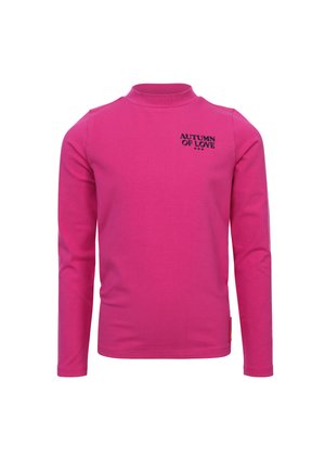 Roze langemouwen shirt met hoge hals, met de tekst "AUTUMN OF LOVE" in zwart. Gemaakt van gladde, rekbare stof.
