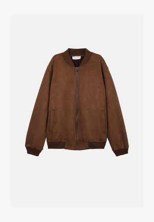 Rjava semiš bombažna jakna z rebrastim ovratnikom, manšetami in robom, z zadrgo spredaj in dvema stranskima žepoma.