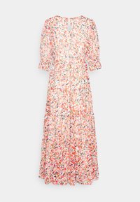 Maxiklänning i genomskinlig, lätt tyg med ett blommönster i orange, rosa och gröna nyanser. Elastisk midja och puffärmar. Nyckelhål bak.