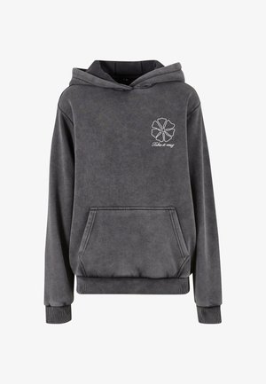 Szara bluza z kapturem wykonana z miękkiego materiału. Posiada przednią kieszeń, elastyczne mankiety oraz biały graficzny wzór z napisem po lewej stronie.