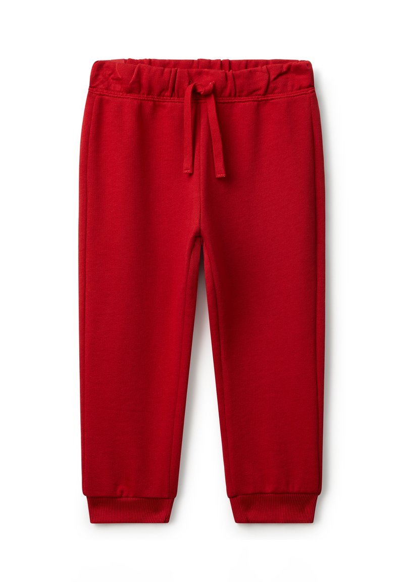 Helderrode katoenen joggingbroek met elastische tailleband, trekkoord en geribde manchetten op een witte achtergrond.