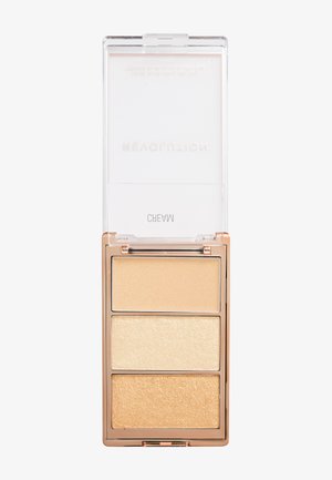 Compacte make-up palette met drie rechthoekige crème highlighter tinten in lichtbeige, parel en goudtinten, met een doorzichtig scharnierend deksel.