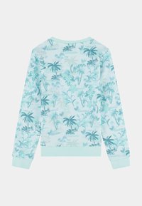 Felpa azzurro chiaro con un motivo tropicale di palme, dotata di polsini a costine e design a girocollo. Tessuto morbido e testurizzato.