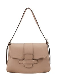 Béžová kožená kabelka s texturovaným povrchem, vybavená klopou a výrazným centrálním páskem. Nastavitelný ramenní popruh.
