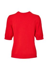 Rød genser med korte ermer og klassisk rund hals. Strikket tekstur og ribbet kant, med ensfarget design uten mønstre eller pynt.