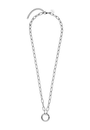 Silberne Halskette mit länglichen ovalen Gliedern und einem glatten runden Anhänger, ausgestattet mit einem verstellbaren Verschluss und einem kleinen Markenanhänger.