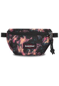 Fanny pack featuring a black fabric with colorful flame and dot patterns, zip closure, and adjustable strap with a branded label.