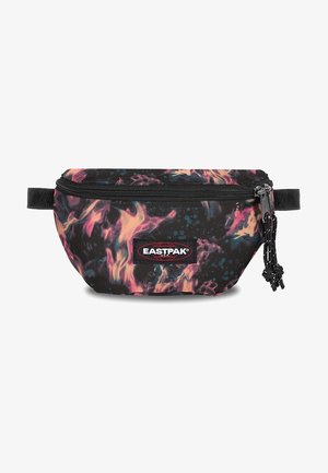 Marsupio in tessuto nero con motivi colorati di fiamme e puntini, chiusura con cerniera e tracolla regolabile con etichetta brandizzata.