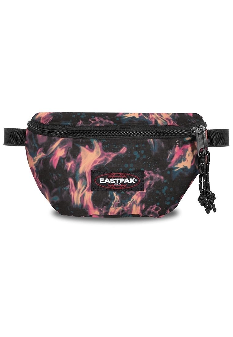 Fanny pack featuring a black fabric with colorful flame and dot patterns, zip closure, and adjustable strap with a branded label.