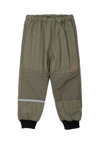 Quilted olive-green pants with an elastic waistband, black ribbed cuffs, and a reflective strip near the lower leg. Durable material and texture.