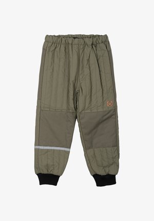 Pantaloni trapuntati verde oliva con vita elastica, polsini neri a costine e una striscia riflettente vicino alla parte inferiore della gamba. Materiale e trama resistenti.