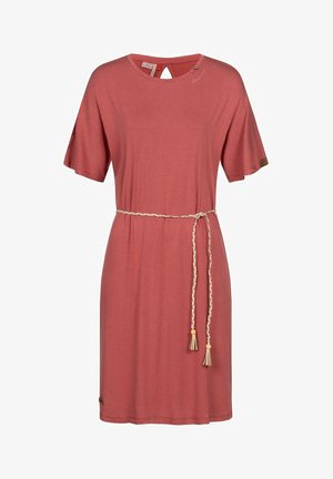Rostfarbiges Kurzarmkleid mit Rundhalsausschnitt, einem Schlüsselaugen-Detail am Rücken und einem geflochtenen Gürtel mit Quasten in der Taille.