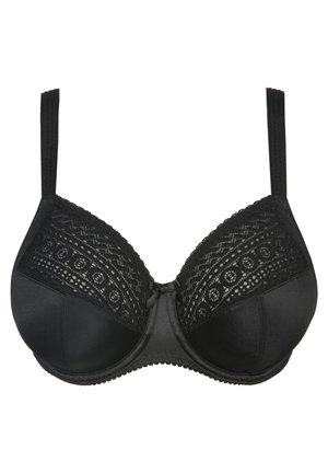 Zwarte onderwired bra met kantdetails op de cups, verstelbare bandjes en een gladde stof. Heeft een gebogen vorm en delicate kantaccenten.