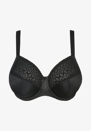 Czarny stanik push-up z koronkowymi detalami na miseczkach, regulowanymi ramiączkami i gładkim materiałem. Wyróżnia się zaokrąglonym kształtem i delikatnymi koronkowymi akcentami.