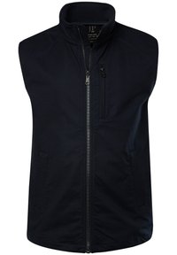 Marineblaue ärmellose Weste mit hohem Kragen, Frontreißverschluss und einer Brusttasche. Hergestellt aus einem glatten, leichten Material.