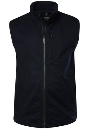 Merinpusero ilman hihoja tummansinisessä värissä, jossa on korkea kaulus, vetoketjukiinnitys edessä ja yksi rintatasku. Valmistettu sileästä, kevyestä materiaalista.