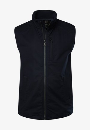 Merinpusero ilman hihoja tummansinisessä värissä, jossa on korkea kaulus, vetoketjukiinnitys edessä ja yksi rintatasku. Valmistettu sileästä, kevyestä materiaalista.