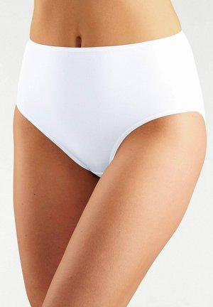 High-waisted white underwear made of smooth fabric, featuring a seamless design and an elastic waistband for a comfortable fit.