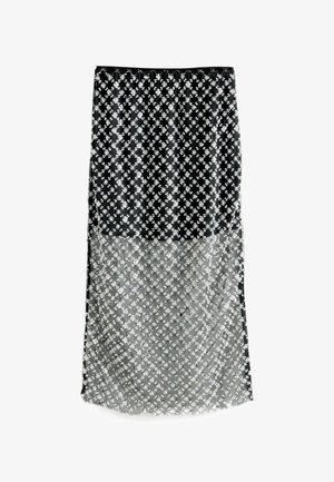 Schwarzer, transparenter Rock mit floralem Muster und silbernen Akzenten. Das Design umfasst eine fließende, geschichtete Silhouette.