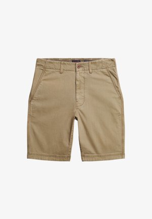 Tan shorts lavet af bomuldsblanding, med flad front, to sidelommer, en enkelt knaplukning og en glat tekstur.