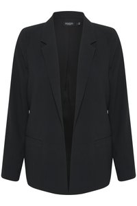 Blazer nero con design sartoriale, revers a scollo a V e due tasche frontali; realizzato in un tessuto liscio con una vestibilità strutturata.