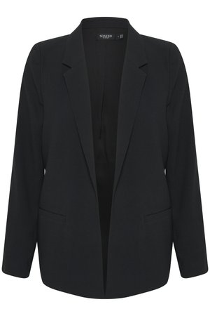 Černý blazer s upraveným designem, s klopami a dvěma předními kapsami; vyroben z hladké tkaniny s pevným střihem.