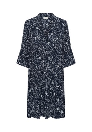 Rochie bleumarin până la genunchi, cu model contur floral alb, decolteu în V, croială lejeră și mâneci trei sferturi evazate.