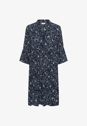 Marineblaues knielanges Kleid mit weißem Blumenkonturmuster, V-Ausschnitt, lockerem Schnitt und dreiviertellangen Glockenärmeln.