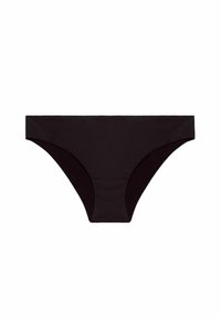 Zwarte bikini onderkant met een gladde textuur, lage taille en gematigde bedekking. Het heeft zijnaaddetails zonder patronen of accenten.