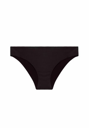 Parte inferiore di un bikini nera con una texture liscia, design a vita bassa e copertura moderata. Presenta dettagli delle cuciture laterali senza motivi o accentuazioni.