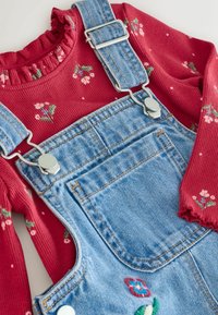 Rot gestreiftes Langarmoberteil mit Blumenmuster, kombiniert mit blauen Denim-Latzhosen mit silberner Hardware und gestickten Akzenten.