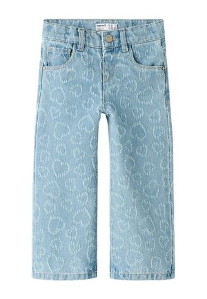 Lyseblå denimbukser til småbørn med præget hjerte-mønster, fem-lomme-stil, bæltestropper og knaplukning ved taljen.