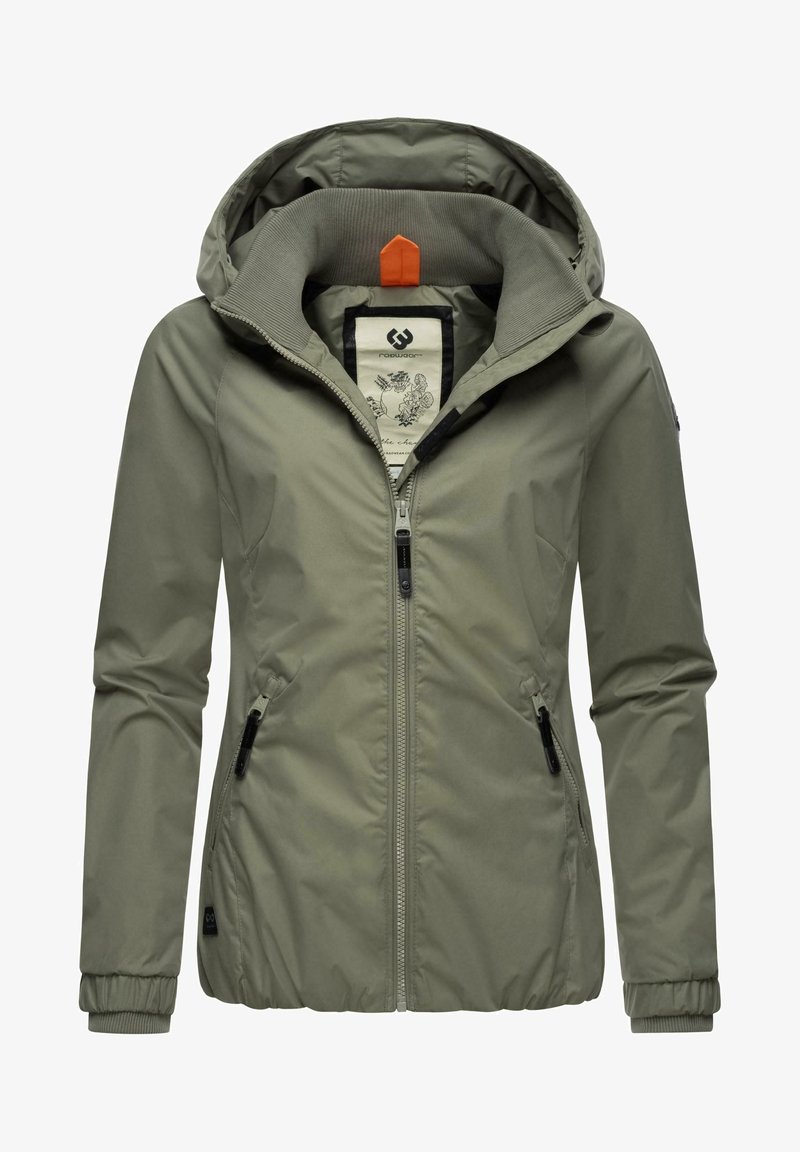 Veste légère verte avec fermeture éclair à l'avant, capuche ajustable, poignets élastiques et deux poches latérales. Comprend une doublure intérieure texturée.