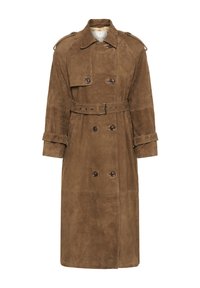 Hosszú barna velúr trench coat, dupla gombolású gombokkal, övvel a deréknál és mandzsettákkal, vállapokkal és gallérral.